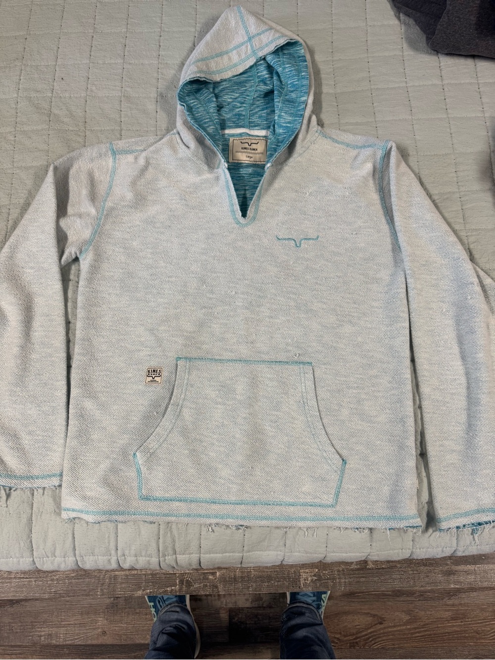 Kimes Ranch Light Blue Hooded Pullover with Aqua Trim